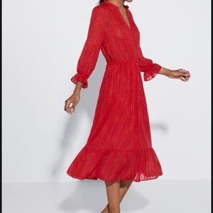 ZARA Red + Black Polka Dot Ruffled Midi Dress